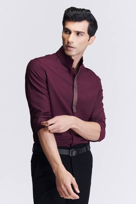 Buy_S&N By Shantnu Nikhil_Purple Polyester, Viscose Crystals Full Sleeve Embroidered Placket Shirt_Online_at_Aza_Fashions