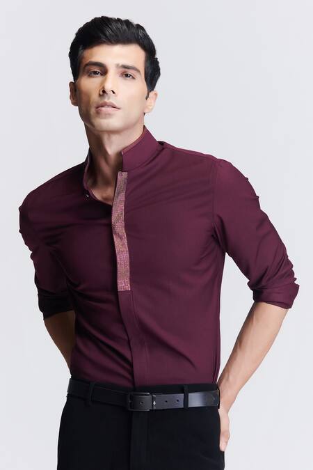 Shop_S&N By Shantnu Nikhil_Purple Polyester, Viscose Crystals Full Sleeve Embroidered Placket Shirt_Online_at_Aza_Fashions