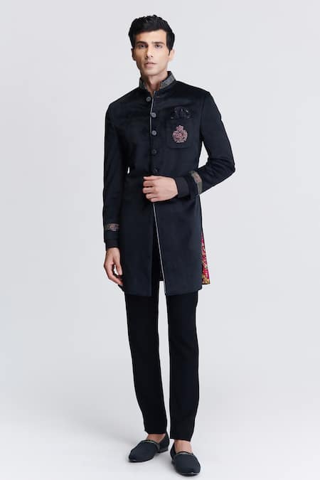 S&N by Shantnu Nikhil Crest Embroidered Velvet Sherwani 