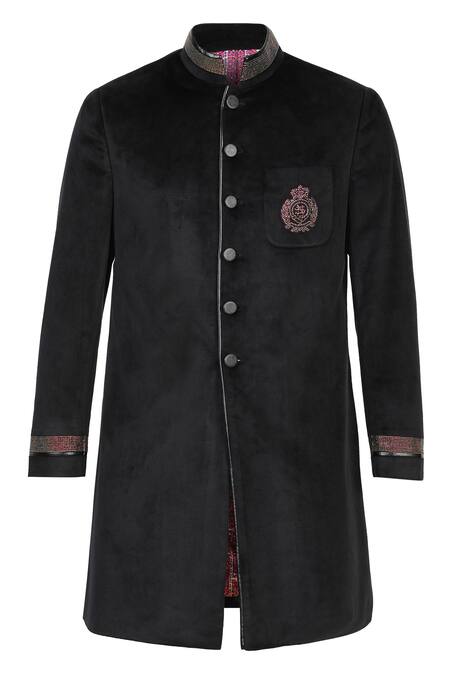 S&N By Shantnu Nikhil_Black Velvet Crystals Crest Embroidered Sherwani_Online_at_Aza_Fashions