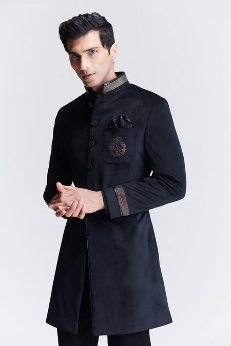 Buy_S&N By Shantnu Nikhil_Black Velvet Crystals Crest Embroidered Sherwani_Online_at_Aza_Fashions