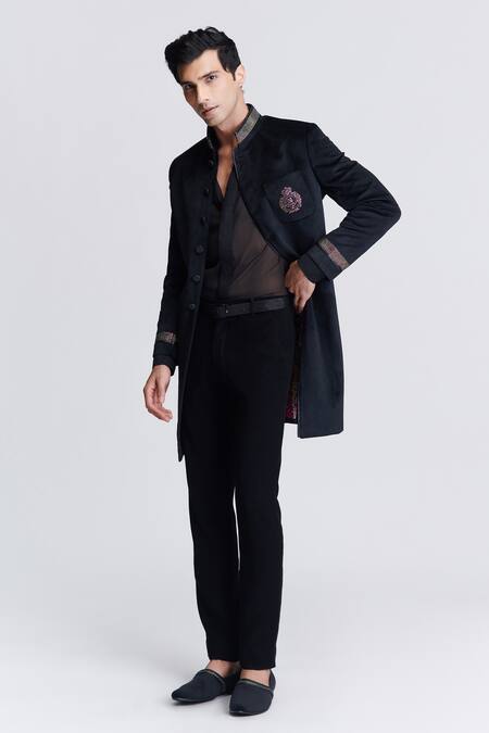 Shop_S&N By Shantnu Nikhil_Black Velvet Crystals Crest Embroidered Sherwani_Online_at_Aza_Fashions