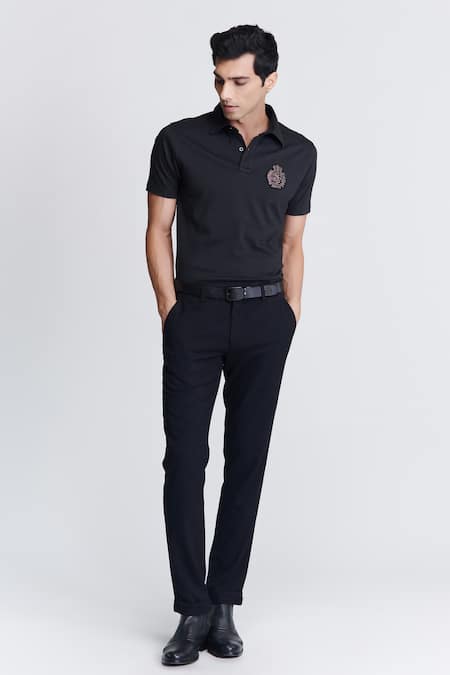 S&N by Shantnu Nikhil Black Interlock Supima Cotton Placement Embroidery Crystal Crest Polo Tee 