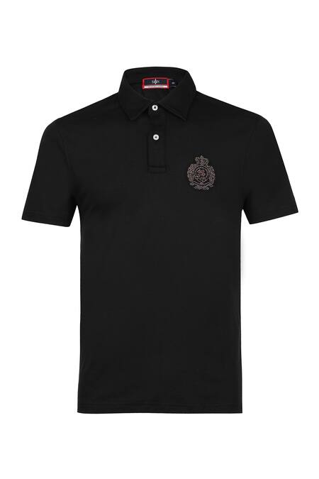 S&N By Shantnu Nikhil_Black Cotton Crystals Crest Embroidered Polo Tee_Online_at_Aza_Fashions