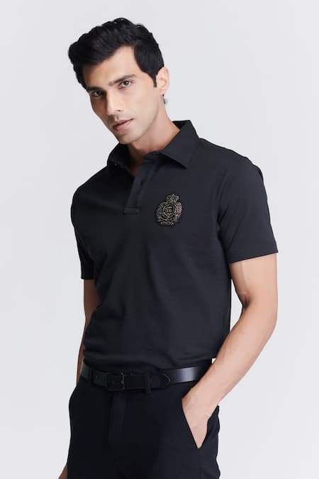 Buy_S&N By Shantnu Nikhil_Black Cotton Crystals Crest Embroidered Polo Tee_Online_at_Aza_Fashions