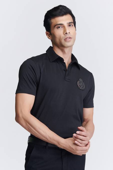 Shop_S&N By Shantnu Nikhil_Black Cotton Crystals Crest Embroidered Polo Tee_Online_at_Aza_Fashions