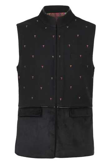 S&N By Shantnu Nikhil_Black Velvet, Brocade Crystals Embroidered Waistcoat_Online_at_Aza_Fashions