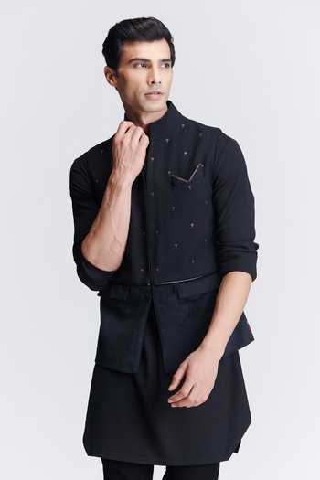 Buy_S&N By Shantnu Nikhil_Black Velvet, Brocade Crystals Embroidered Waistcoat_Online_at_Aza_Fashions