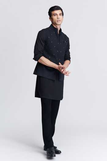 Shop_S&N By Shantnu Nikhil_Black Velvet, Brocade Crystals Embroidered Waistcoat_Online_at_Aza_Fashions