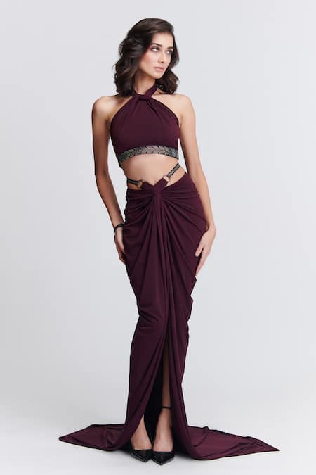 S&N by Shantnu Nikhil Pleated Cowl Draped Trail Skirt 