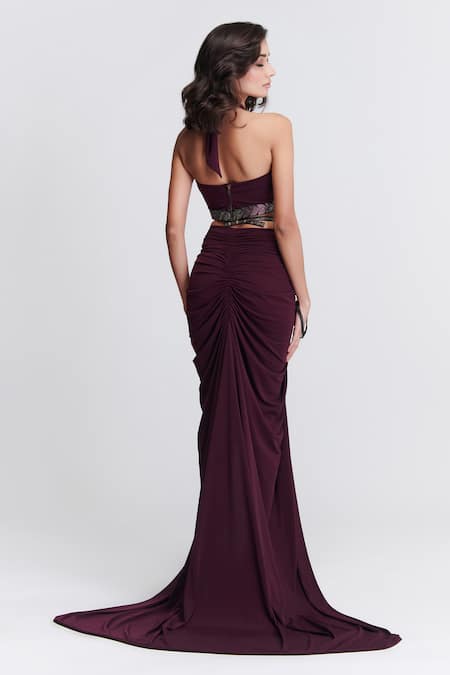 Shop S&N By Shantnu Nikhil Purple Polyester Pleated Cowl Draped Trail Skirt at Aza Fashions Shop_S&N By Shantnu Nikhil_Purple Polyester Pleated Cowl Draped Trail Skirt_at_Aza_Fashions