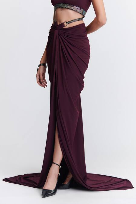S&N By Shantnu Nikhil Purple Polyester Pleated Cowl Draped Trail Skirt Online at Aza Fashions S&N By Shantnu Nikhil_Purple Polyester Pleated Cowl Draped Trail Skirt_Online_at_Aza_Fashions