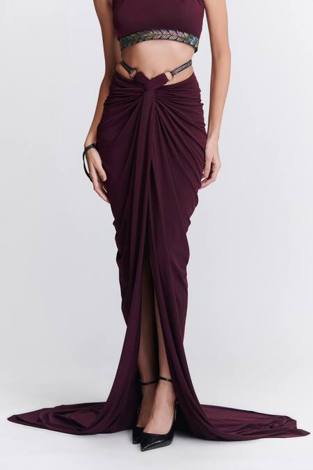 Buy S&N By Shantnu Nikhil Purple Polyester Pleated Cowl Draped Trail Skirt Online at Aza Fashions Buy_S&N By Shantnu Nikhil_Purple Polyester Pleated Cowl Draped Trail Skirt_Online_at_Aza_Fashions