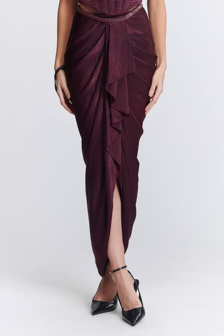 Buy S&N By Shantnu Nikhil Purple Silk Embroidery Pleated Cowl Draped Skirt Online at Aza Fashions Buy_S&N By Shantnu Nikhil_Purple Silk Embroidery Pleated Cowl Draped Skirt_Online_at_Aza_Fashions