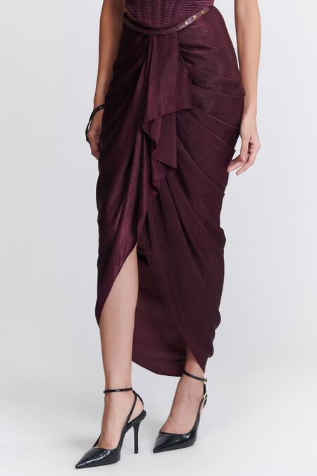 Shop S&N By Shantnu Nikhil Purple Silk Embroidery Pleated Cowl Draped Skirt Online at Aza Fashions Shop_S&N By Shantnu Nikhil_Purple Silk Embroidery Pleated Cowl Draped Skirt_Online_at_Aza_Fashions
