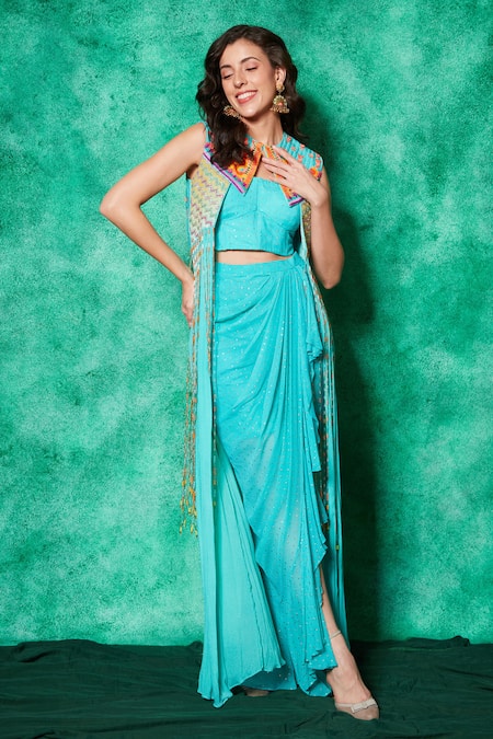 Shop Saaj By Ankita Blue Mukaish Georgette Embroidery Thread Chevron Work Cape Draped Skirt Set at Aza Fashions Shop_Saaj By Ankita_Blue Mukaish Georgette Embroidery Thread Chevron Work Cape Draped Skirt Set _at_Aza_Fashions