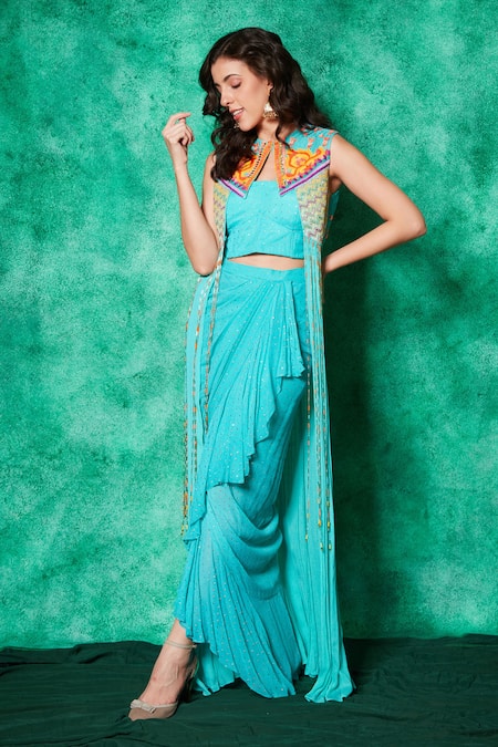 Saaj By Ankita Blue Mukaish Georgette Embroidery Thread Chevron Work Cape Draped Skirt Set Online at Aza Fashions Saaj By Ankita_Blue Mukaish Georgette Embroidery Thread Chevron Work Cape Draped Skirt Set _Online_at_Aza_Fashions