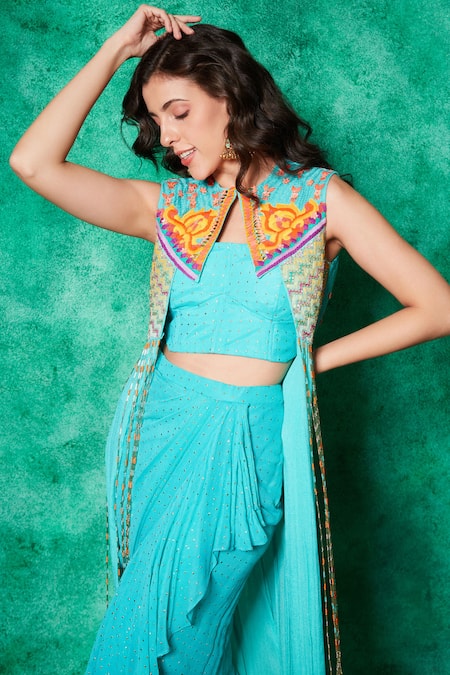 Shop Saaj By Ankita Blue Mukaish Georgette Embroidery Thread Chevron Work Cape Draped Skirt Set Online at Aza Fashions Shop_Saaj By Ankita_Blue Mukaish Georgette Embroidery Thread Chevron Work Cape Draped Skirt Set _Online_at_Aza_Fashions