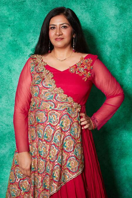 Saaj By Ankita Pink Chiffon Print Damask Sequin Bloom V Cape With Anarkali Online at Aza Fashions Saaj By Ankita_Pink Chiffon Print Damask Sequin Bloom V Cape With Anarkali _Online_at_Aza_Fashions