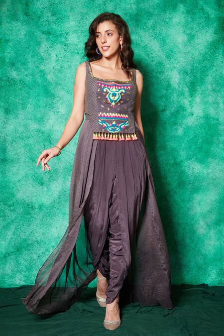 Saaj By Ankita Grey Georgette Embroidery Thread Square Aztec Work Trail Top With Dhoti Pant Online at Aza Fashions Saaj By Ankita_Grey Georgette Embroidery Thread Square Aztec Work Trail Top With Dhoti Pant _Online_at_Aza_Fashions