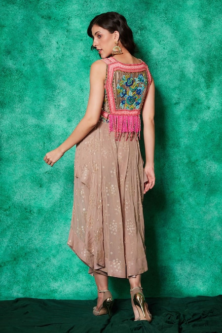 Shop Saaj By Ankita Beige Georgette, Muslin Beads, Bloom Garden Thread Work Top With Draped Skirt at Aza Fashions Shop_Saaj By Ankita_Beige Georgette, Muslin Beads, Bloom Garden Thread Work Top With Draped Skirt _at_Aza_Fashions