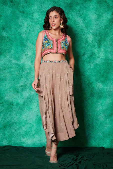 Saaj By Ankita Beige Georgette, Muslin Beads, Bloom Garden Thread Work Top With Draped Skirt Online at Aza Fashions Saaj By Ankita_Beige Georgette, Muslin Beads, Bloom Garden Thread Work Top With Draped Skirt _Online_at_Aza_Fashions