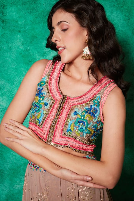 Shop Saaj By Ankita Beige Georgette, Muslin Beads, Bloom Garden Thread Work Top With Draped Skirt Online at Aza Fashions Shop_Saaj By Ankita_Beige Georgette, Muslin Beads, Bloom Garden Thread Work Top With Draped Skirt _Online_at_Aza_Fashions