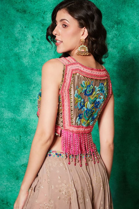 Saaj By Ankita Beige Georgette, Muslin Beads, Bloom Garden Thread Work Top With Draped Skirt at Aza Fashions Saaj By Ankita_Beige Georgette, Muslin Beads, Bloom Garden Thread Work Top With Draped Skirt _at_Aza_Fashions