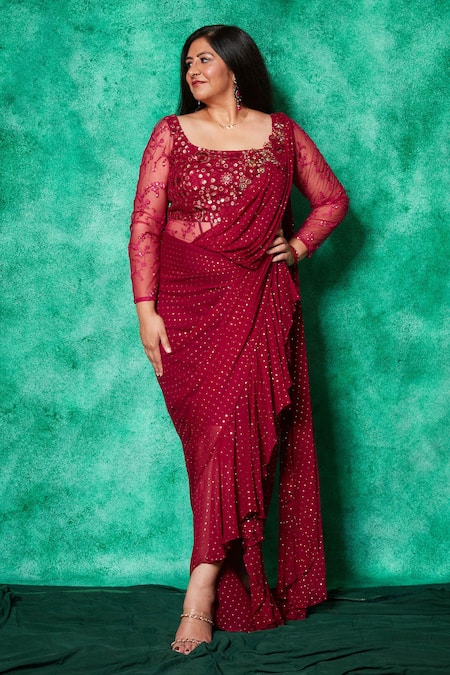 Saaj By Ankita_Red Mukaish Georgette Embroidery Sequin Deep Rafflesia Bloom Draped Saree Gown _Online_at_Aza_Fashions