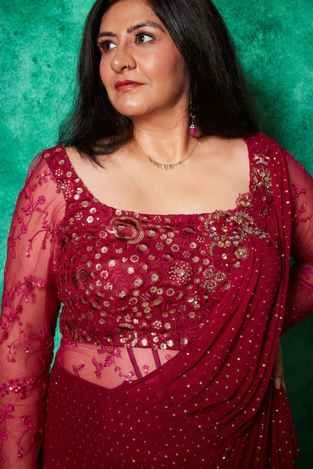 Buy_Saaj By Ankita_Red Mukaish Georgette Embroidery Sequin Deep Rafflesia Bloom Draped Saree Gown _Online_at_Aza_Fashions