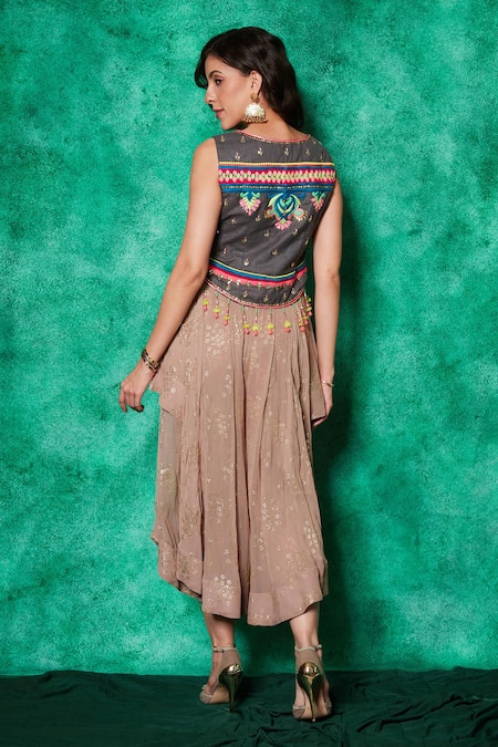 Shop Saaj By Ankita Beige Mukaish Georgette Embroidery Flora Thread Work Top With Draped Skirt at Aza Fashions Shop_Saaj By Ankita_Beige Mukaish Georgette Embroidery Flora Thread Work Top With Draped Skirt _at_Aza_Fashions