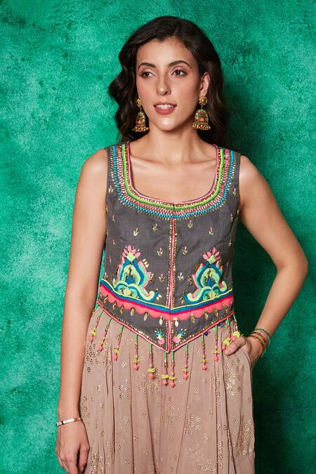 Saaj By Ankita Beige Mukaish Georgette Embroidery Flora Thread Work Top With Draped Skirt Online at Aza Fashions Saaj By Ankita_Beige Mukaish Georgette Embroidery Flora Thread Work Top With Draped Skirt _Online_at_Aza_Fashions