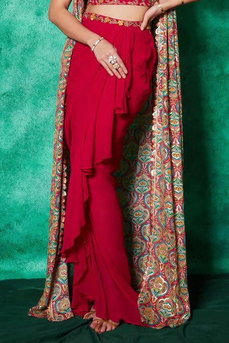 Saaj By Ankita Pink Georgette Embroidery Bloom Jaal Damask Sequin Long Cape Draped Skirt Set Online at Aza Fashions Saaj By Ankita_Pink Georgette Embroidery Bloom Jaal Damask Sequin Long Cape Draped Skirt Set _Online_at_Aza_Fashions