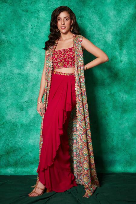 Buy Saaj By Ankita Pink Georgette Embroidery Bloom Jaal Damask Sequin Long Cape Draped Skirt Set Online at Aza Fashions Buy_Saaj By Ankita_Pink Georgette Embroidery Bloom Jaal Damask Sequin Long Cape Draped Skirt Set _Online_at_Aza_Fashions