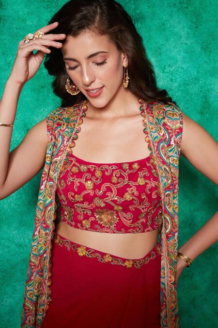 Shop Saaj By Ankita Pink Georgette Embroidery Bloom Jaal Damask Sequin Long Cape Draped Skirt Set Online at Aza Fashions Shop_Saaj By Ankita_Pink Georgette Embroidery Bloom Jaal Damask Sequin Long Cape Draped Skirt Set _Online_at_Aza_Fashions