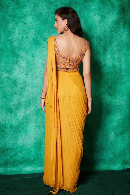 Shop_Saaj By Ankita_Yellow Georgette, Muslin Mukaish Embroidered Slit Pre-draped Saree With Blouse _at_Aza_Fashions