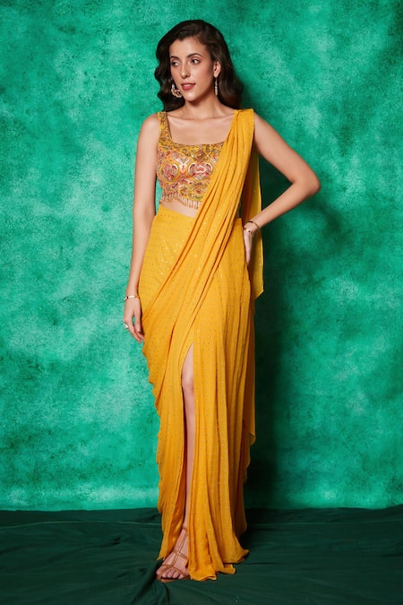 Saaj By Ankita_Yellow Georgette, Muslin Mukaish Embroidered Slit Pre-draped Saree With Blouse _Online_at_Aza_Fashions