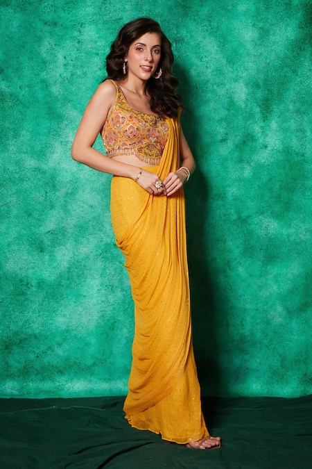 Buy_Saaj By Ankita_Yellow Georgette, Muslin Mukaish Embroidered Slit Pre-draped Saree With Blouse _Online_at_Aza_Fashions