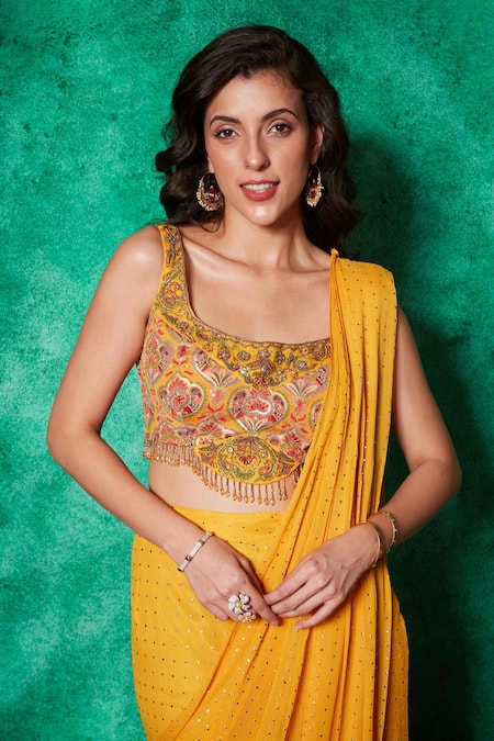 Shop_Saaj By Ankita_Yellow Georgette, Muslin Mukaish Embroidered Slit Pre-draped Saree With Blouse _Online_at_Aza_Fashions