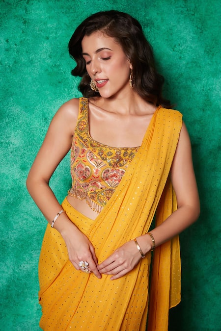 Saaj By Ankita_Yellow Georgette, Muslin Mukaish Embroidered Slit Pre-draped Saree With Blouse _at_Aza_Fashions