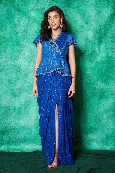 Saaj By Ankita Mukaish Embroidered Pre-Draped Saree With Embellished Peplum Blouse 