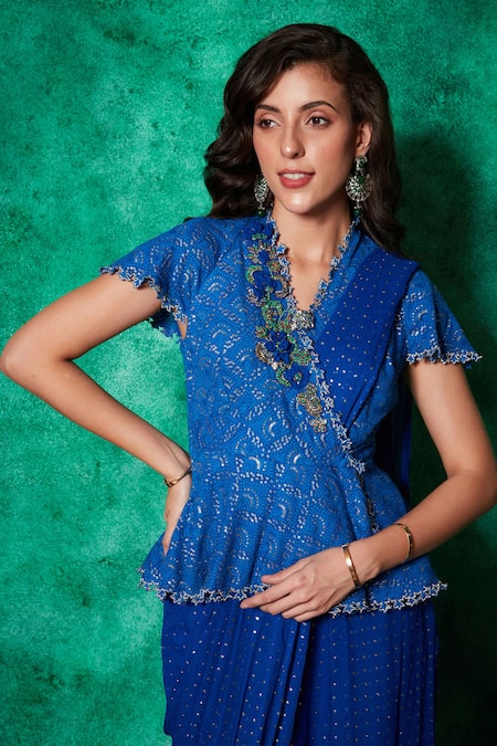 Saaj By Ankita Blue Mukaish Georgette Pre-draped Saree With Embellished Peplum Blouse Online at Aza Fashions Saaj By Ankita_Blue Mukaish Georgette Pre-draped Saree With Embellished Peplum Blouse _Online_at_Aza_Fashions