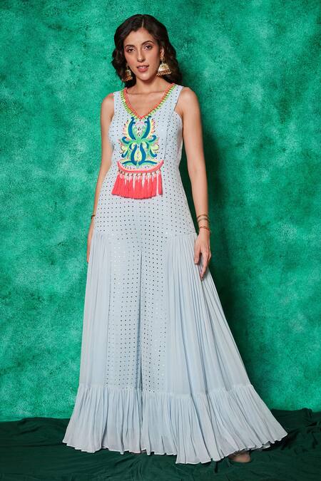 Saaj By Ankita Blue Georgette Embroidery V Damask Thread Yoke Jumpsuit Online at Aza Fashions Saaj By Ankita_Blue Georgette Embroidery V Damask Thread Yoke Jumpsuit _Online_at_Aza_Fashions