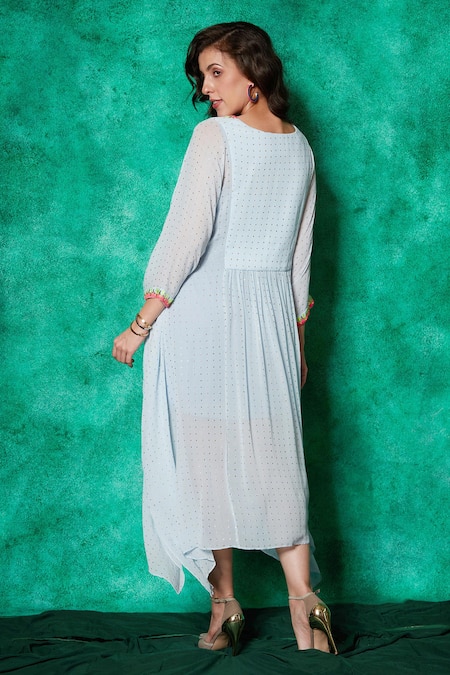 Shop Saaj By Ankita Blue Muslin, Georgette Mirrors V-neck Damask Yoke Embroidered Kaftan at Aza Fashions Shop_Saaj By Ankita_Blue Muslin, Georgette Mirrors V-neck Damask Yoke Embroidered Kaftan _at_Aza_Fashions