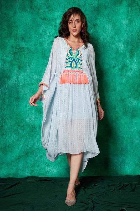 Buy Saaj By Ankita Blue Muslin, Georgette Mirrors V-neck Damask Yoke Embroidered Kaftan Online at Aza Fashions Buy_Saaj By Ankita_Blue Muslin, Georgette Mirrors V-neck Damask Yoke Embroidered Kaftan _Online_at_Aza_Fashions