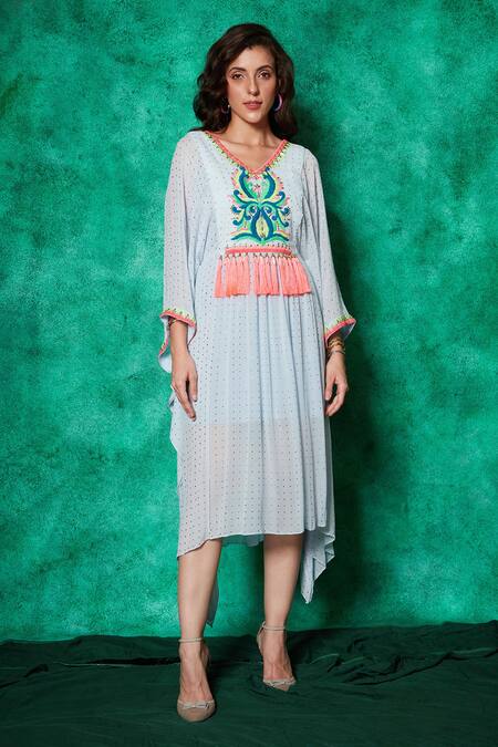 Shop Saaj By Ankita Blue Muslin, Georgette Mirrors V-neck Damask Yoke Embroidered Kaftan Online at Aza Fashions Shop_Saaj By Ankita_Blue Muslin, Georgette Mirrors V-neck Damask Yoke Embroidered Kaftan _Online_at_Aza_Fashions