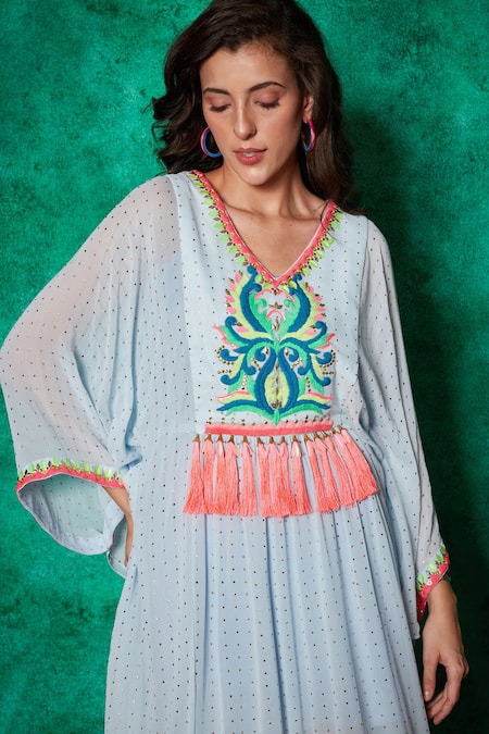 Saaj By Ankita Blue Muslin, Georgette Mirrors V-neck Damask Yoke Embroidered Kaftan at Aza Fashions Saaj By Ankita_Blue Muslin, Georgette Mirrors V-neck Damask Yoke Embroidered Kaftan _at_Aza_Fashions