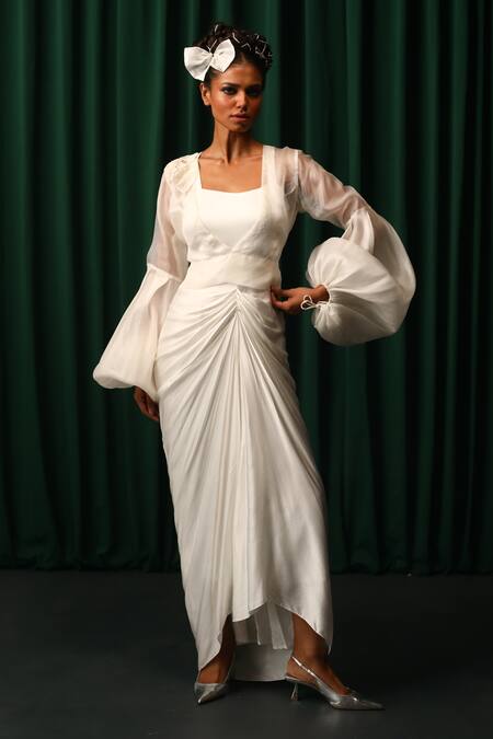 Vanshika Agarwal Label_White Satin, Modal, Holly Ruched Draped Dress With Lantern Sleeves Jacket _Online_at_Aza_Fashions