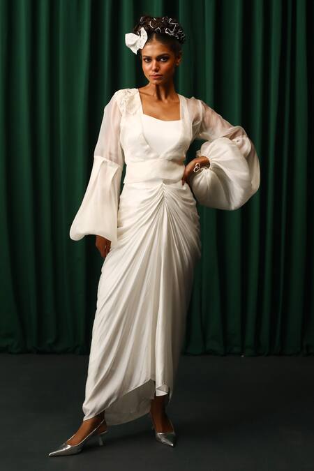 Shop_Vanshika Agarwal Label_White Satin, Modal, Holly Ruched Draped Dress With Lantern Sleeves Jacket _Online_at_Aza_Fashions