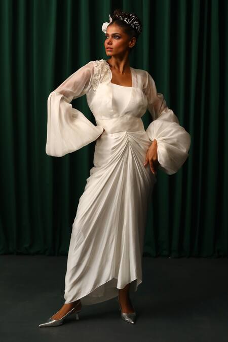 Vanshika Agarwal Label_White Satin, Modal, Holly Ruched Draped Dress With Lantern Sleeves Jacket _at_Aza_Fashions